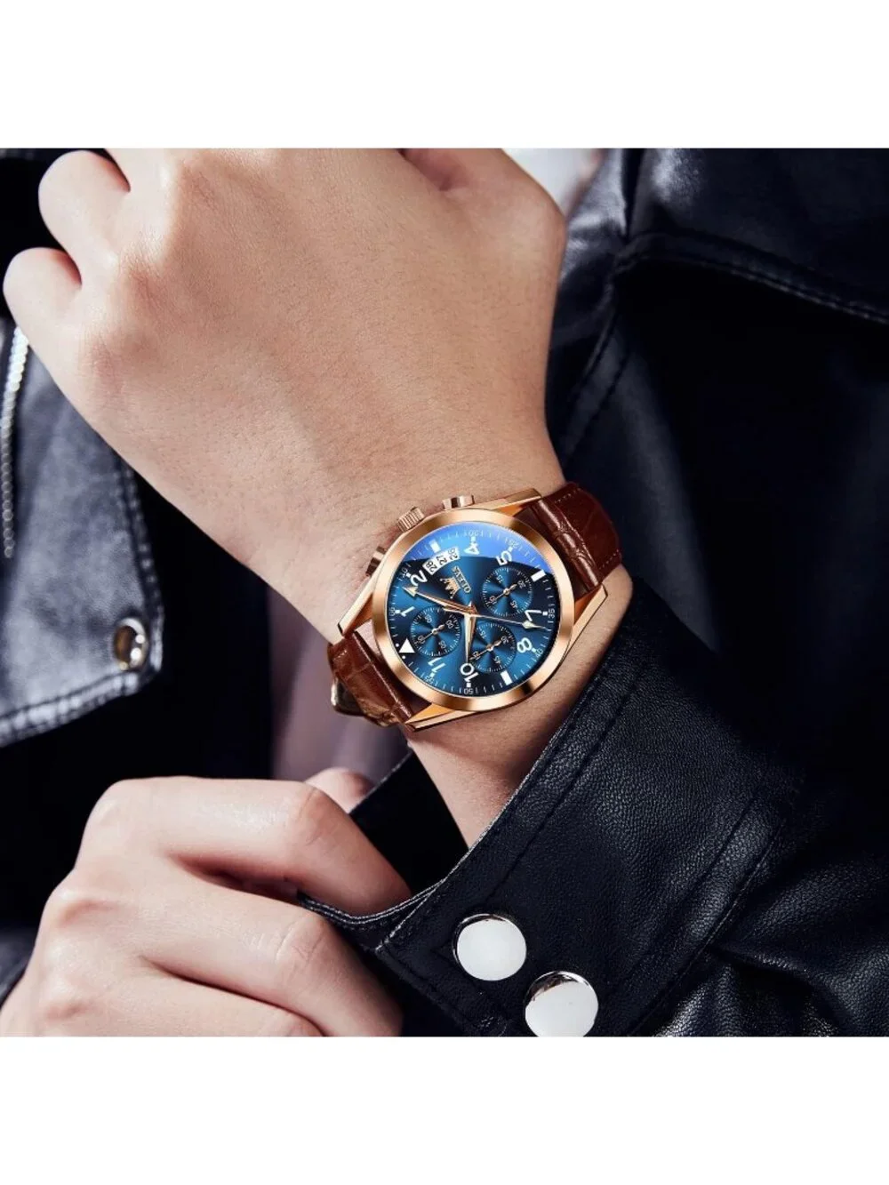 Men's Gold Blue Leather Chronograph Watch Big Face Waterproof Luminous Watch